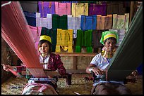 Weaving workshop with Kayan women of the Padaung tribe. Inle Lake, Myanmar ( color)