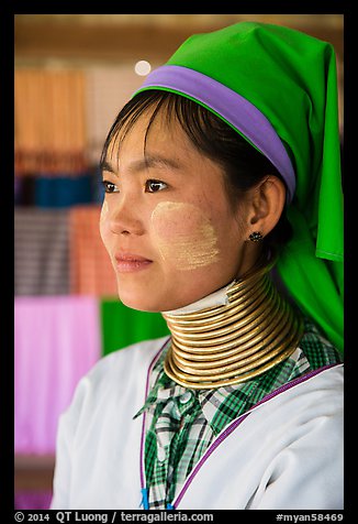 Kayan Padaung woman with neck rings. Inle Lake, Myanmar (color)