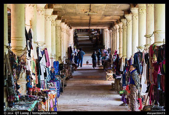 Covered walkway to Shwe Indein Pagoda lined up with vendors in 2014. Inle Lake, Myanmar (color)