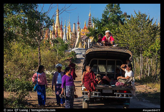 Villagers and truck near Shwe Indein Pagoda. Inle Lake, Myanmar (color)