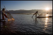 Intha fishermen and sun. Inle Lake, Myanmar ( color)