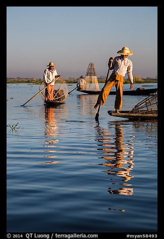 Intha fishermen and reflections. Inle Lake, Myanmar (color)