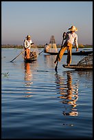 Intha fishermen and reflections. Inle Lake, Myanmar ( color)
