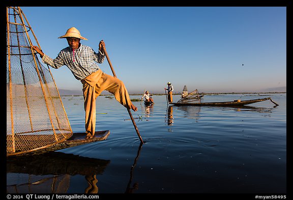 Group of Intha people fishing. Inle Lake, Myanmar (color)