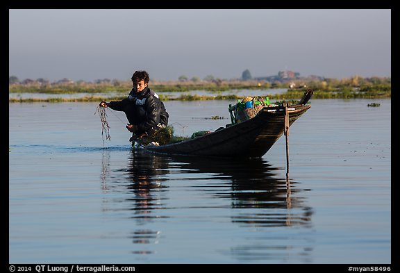 Fisherman retrieves net. Inle Lake, Myanmar (color)