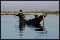 Fisherman retrieves net. Inle Lake, Myanmar ( color)