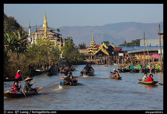 Small boats and shrines, Ywama Village. Inle Lake, Myanmar (color)