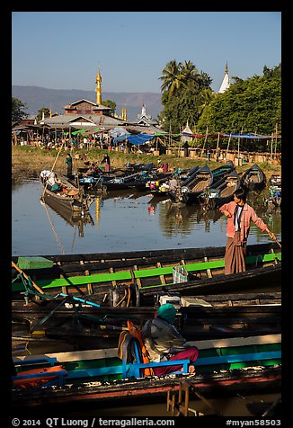 Parked boats and market. Inle Lake, Myanmar (color)