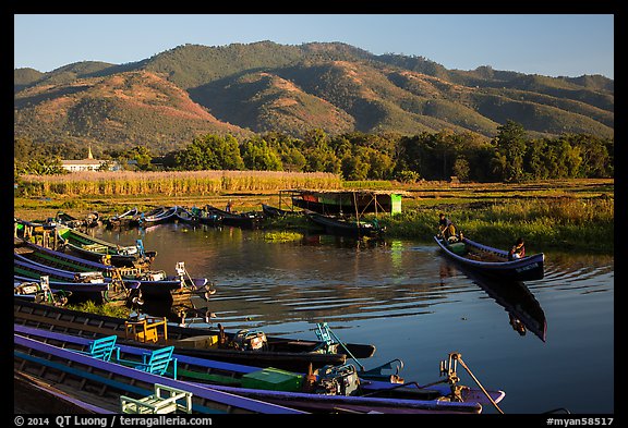 Canal, fields, and hills, Maing Thauk Village. Inle Lake, Myanmar (color)