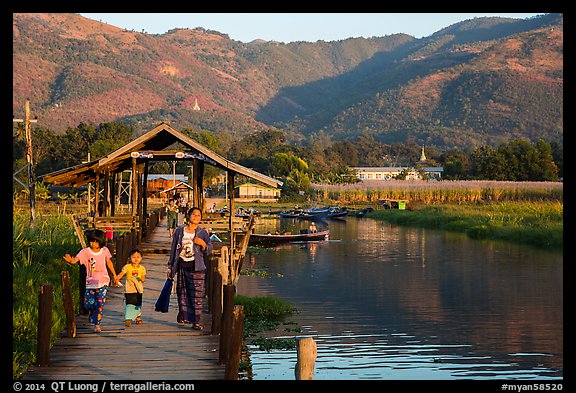 Pier and hills, Maing Thauk Village. Inle Lake, Myanmar (color)
