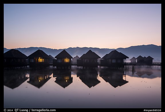 Cottages on stilts at dawn. Inle Lake, Myanmar (color)