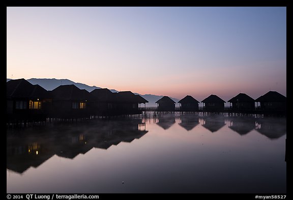Resort cottages at dawn. Inle Lake, Myanmar (color)