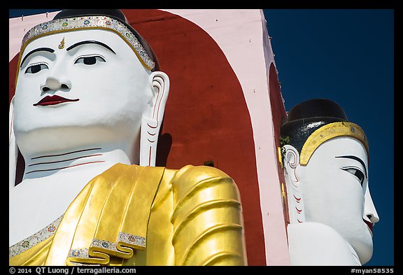 Detail of two of the four seated buddhas in  Kyaik Pun Paya. Bago, Myanmar (color)