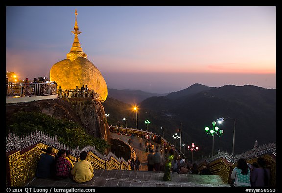 Platforms around the Golden Rock at sunset. Kyaiktiyo, Myanmar (color)