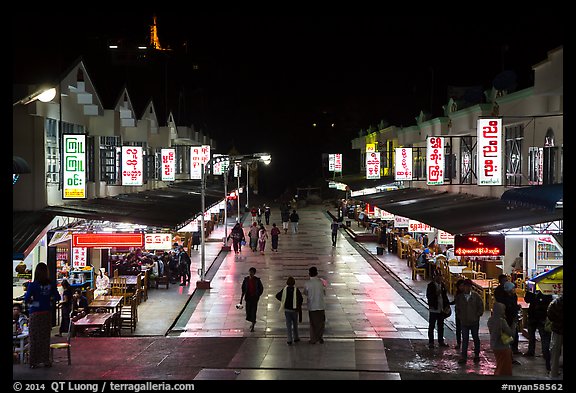 Restaurants at night, Potemkin village. Kyaiktiyo, Myanmar (color)