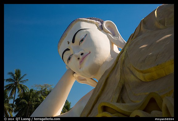 Head of Mya Tha Lyaung Reclining Buddha. Bago, Myanmar (color)