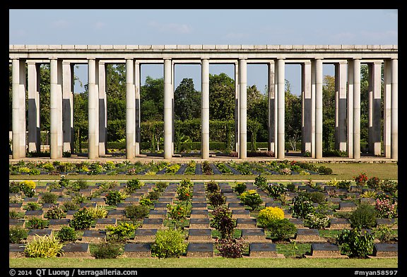 Graves and columnade, Taukkyan War Cemetery. Bago, Myanmar (color)