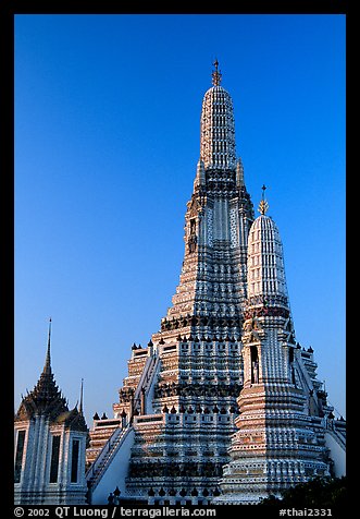 Prang (khmer style tower) of Wat Arun,sunrise. Bangkok, Thailand (color)