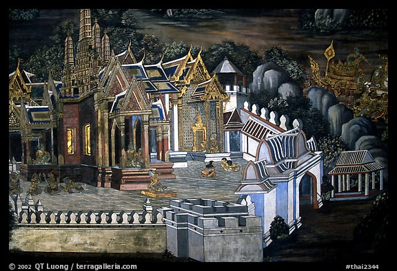 Mural painting showing the Grand Palace. Bangkok, Thailand