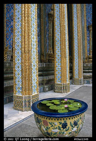 Lotus flowers and ornemented colunm, Wat Phra Kaew. Bangkok, Thailand