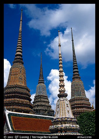 Ratanakosin style Chedis and roof, Wat Pho. Bangkok, Thailand (color)