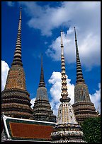 Ratanakosin style Chedis and roof, Wat Pho. Bangkok, Thailand (color)