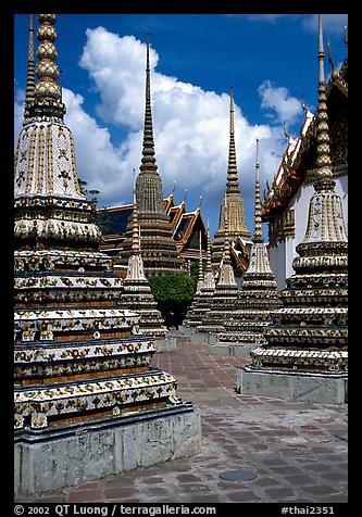 Layered and streamlined chedis in Ratanakosin style, Wat Pho. Bangkok, Thailand