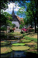 Lotus pond and Ayuthaya-style temple. Muang Boran, Thailand (color)