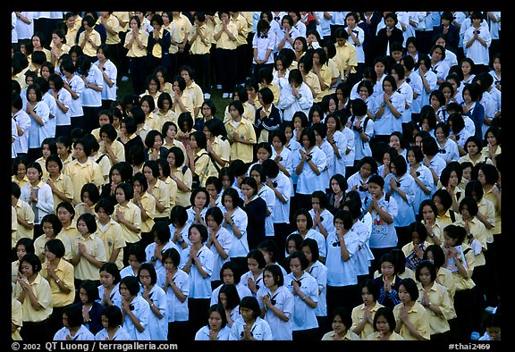 School girls during morning prayer before class. Chiang Rai, Thailand