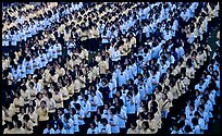 Rows of uniformed school girls lined up during prayer. Chiang Rai, Thailand