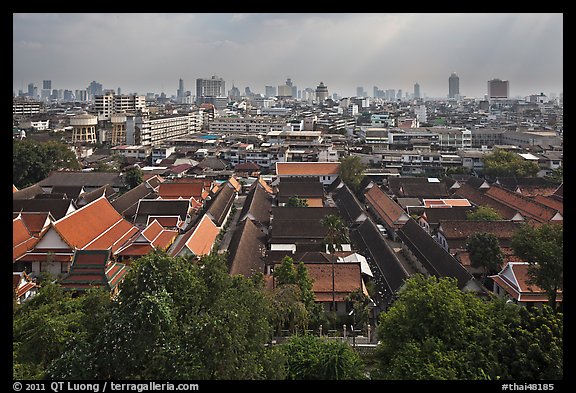 Temple complex and city skyline. Bangkok, Thailand (color)