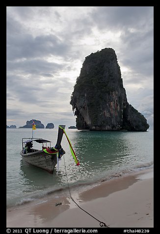 Boat and limestone islets, Rai Leh. Krabi Province, Thailand