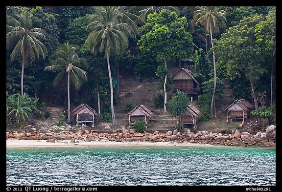 Beachfront huts and palm trees, Ko Phi-Phi Don. Krabi Province, Thailand (color)