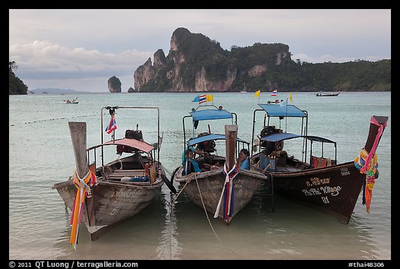 Boats, bay, and cliffs,  Ao Lo Dalam, Ko Phi-Phi island. Krabi Province, Thailand (color)