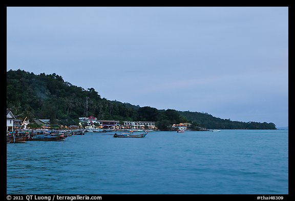 Shoreline and hills at dusk, Phi-Phi island. Krabi Province, Thailand