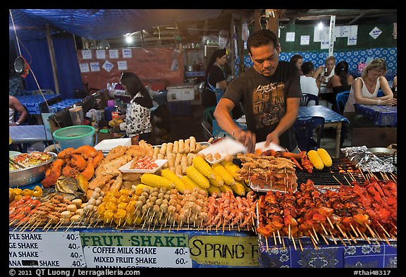 Restaurant with seefood on skewers, Phi-Phi island. Krabi Province, Thailand