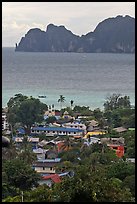 Village, bay and cliffs, Ko Phi-Phi island. Krabi Province, Thailand