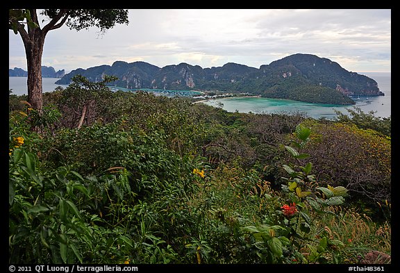 Tropical vegetation, bay, and hills, Ko Phi-Phi Don. Krabi Province, Thailand (color)