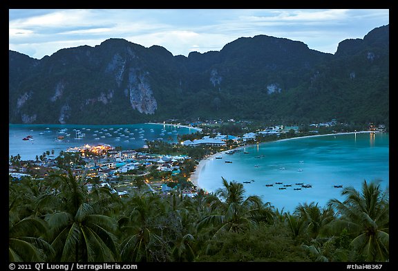Tonsai village, bays, and hill at dusk from above, Ko Phi Phi. Krabi Province, Thailand (color)