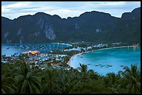 Tonsai village, bays, and hill at dusk from above, Ko Phi Phi. Krabi Province, Thailand (color)
