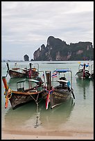 Long tail boats in serene waters of Lo Dalam bay, Ko Phi-Phi island. Krabi Province, Thailand (color)