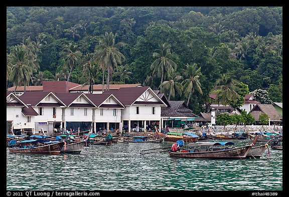 Houses and hillside, Ton Sai, Phi-Phi island. Krabi Province, Thailand (color)