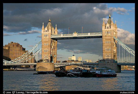 Barges and Tower Bridge. London, England, United Kingdom