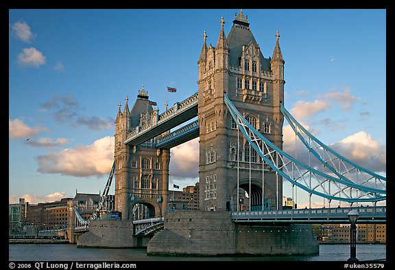Close view of Tower Bridge, at sunset. London, England, United Kingdom (color)