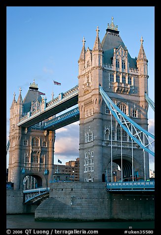 Close view of the two towers of the Tower Bridge. London, England, United Kingdom (color)