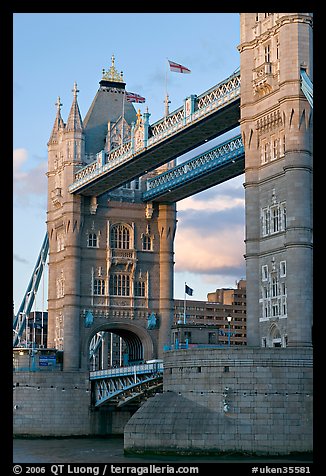 Close view of the Tower Bridge, a landmark 1876 bascule bridge. London, England, United Kingdom (color)