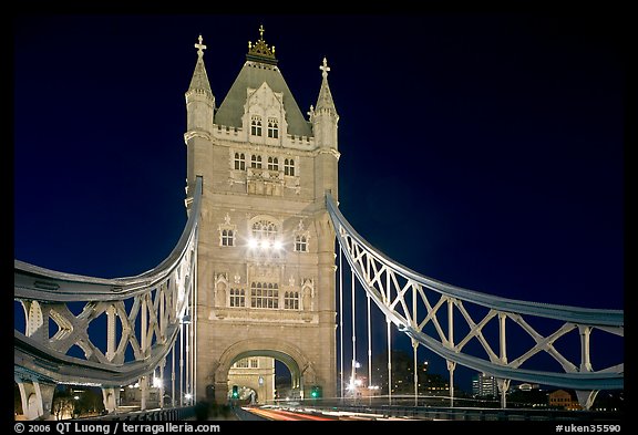 North Tower of the Tower Bridge at night. London, England, United Kingdom (color)