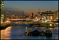 HMS Belfast, London Bridge, and Thames at night. London, England, United Kingdom (color)