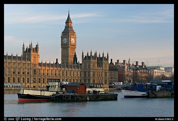 Boats and Houses of Parliament, early morning. London, England, United Kingdom (color)