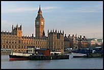 Boats and Houses of Parliament, early morning. London, England, United Kingdom (color)